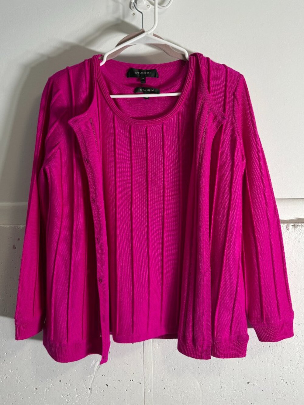 St. John Magenta Wool Knit Cardigan & Tank Set